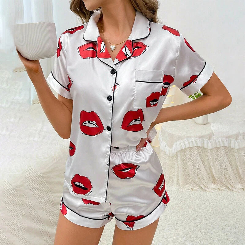Women's Short Sleeve Silk Pajamas Set Print Satin Sleepwear Homewear Nightwear