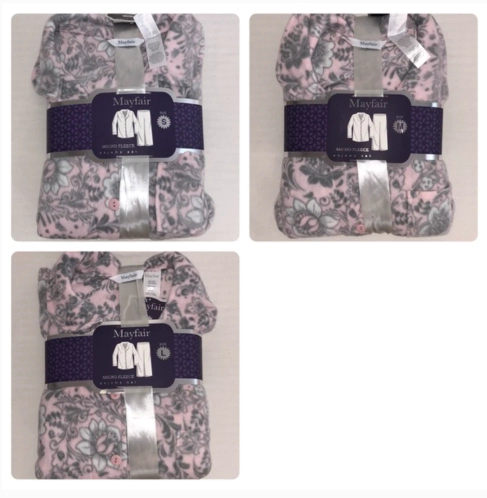New Womens Mayfair 2 Piece Micro Fleece Pajamas Warm Cozy Gray Floral Great Gift