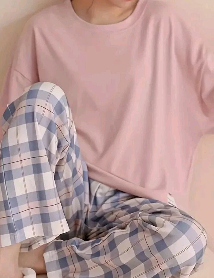 Plaid Print Crew Neck Pyjama Set Casual Long Sleeve Long Bottoms