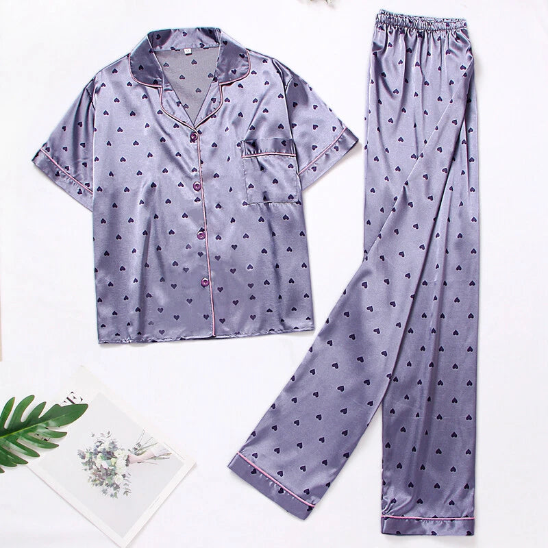 Women's Silk Satin Pajamas Set Short Sleeve Print Sleepwear Nightwear Pyjamas PJ