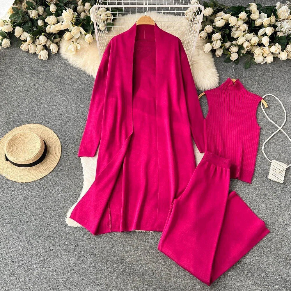 2023 Spring Knitted Women's Long Sleeved Cardigan+vest+long Pants Pajama Set