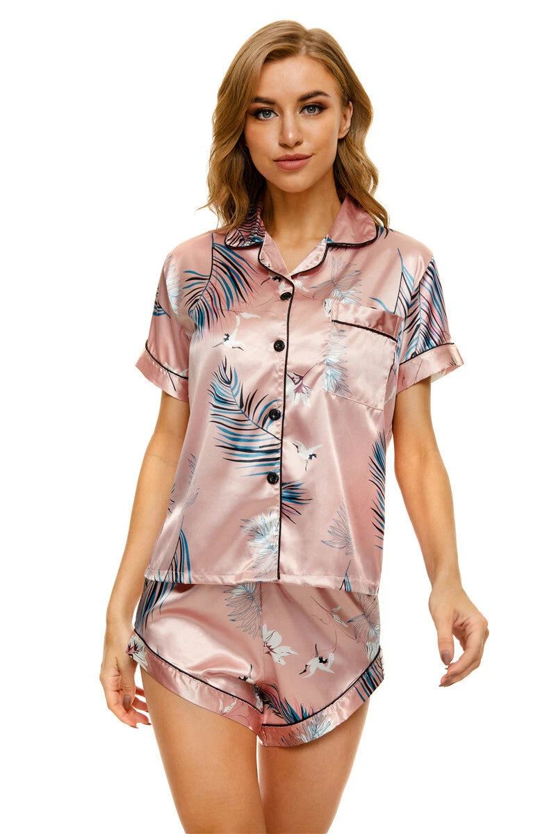 Women's Silk Satin Pajamas Set Short Sleeve Print Sleepwear Nightwear Pyjamas PJ