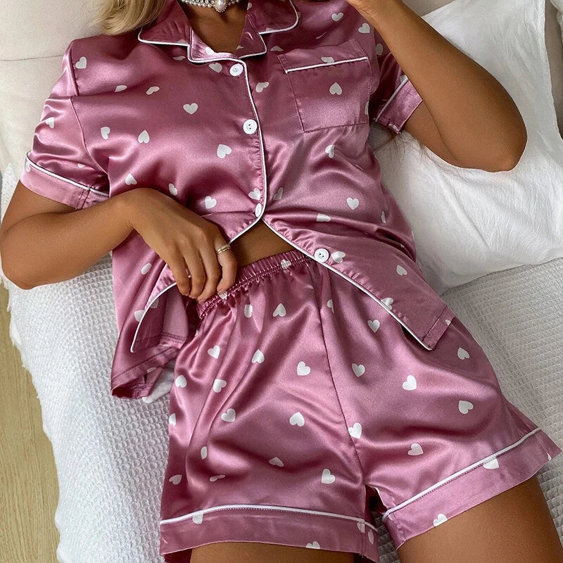 Women's Short Sleeve Silk Pajamas Set Print Satin Sleepwear Homewear Nightwear