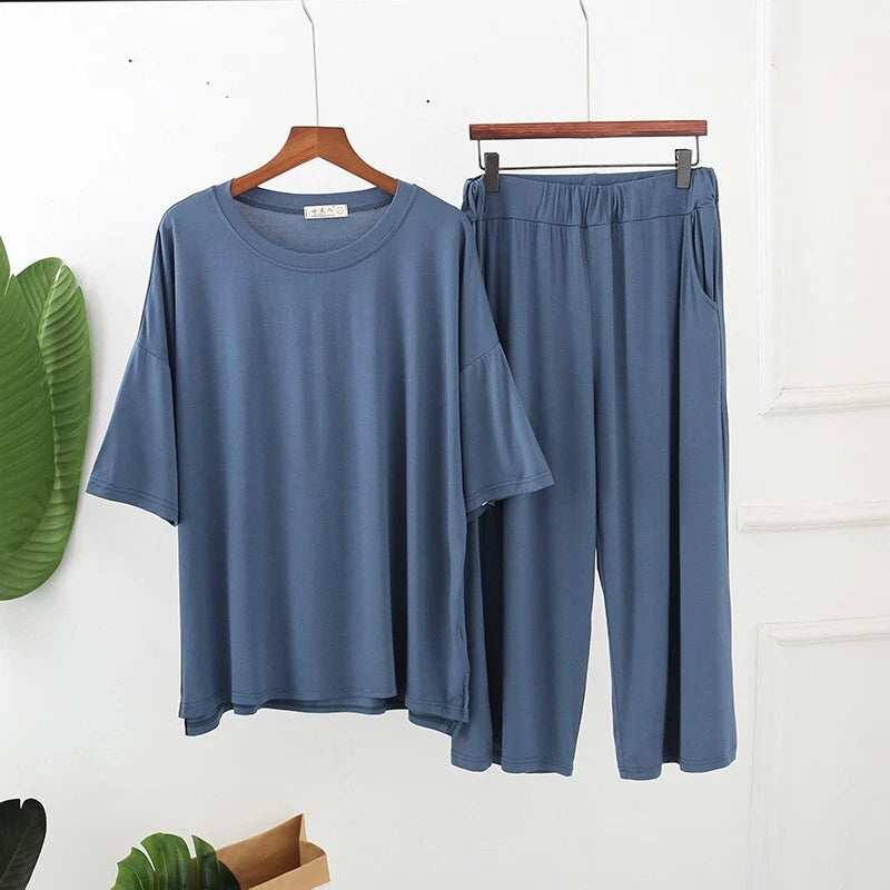 Plus Size XL 150KG Women Modal Pajamas Sets Short Sleeve Top + Calf-Length Pants