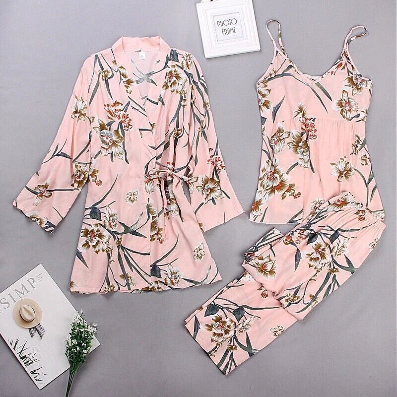 3PC Women Night Dress Silk-Cotton Pajama Sleepwear Long Robes Nightwear Gown Set