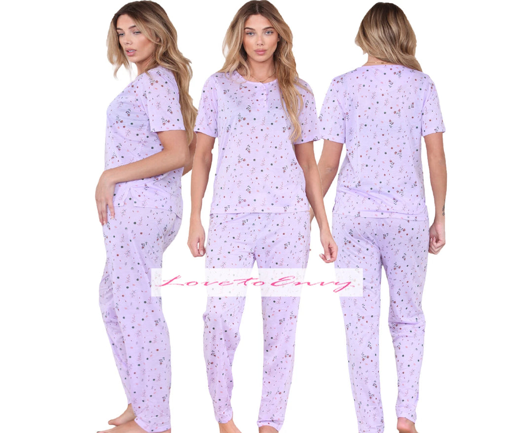 PJ Set Ladies Short Sleeve Flower Print Pyjama Set Cotton Blend Womens Nightwear