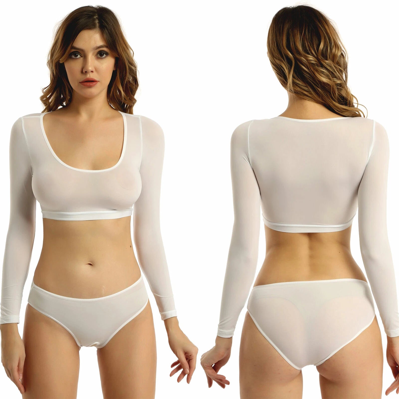 Womens Two-piece Underwear Lingerie Babydoll Long Sleeve Crop Top Brief Clubwear