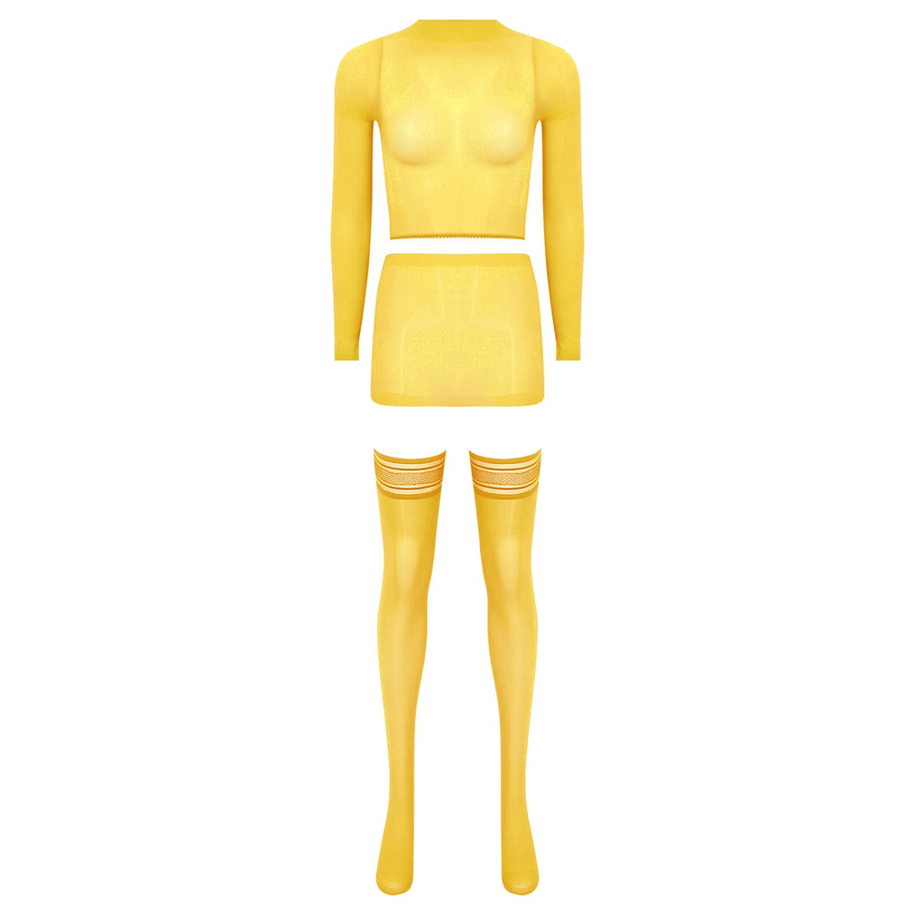 Womens Crop Top And Skirt With Stockings Round Neck Nightwear Tempting Glossy