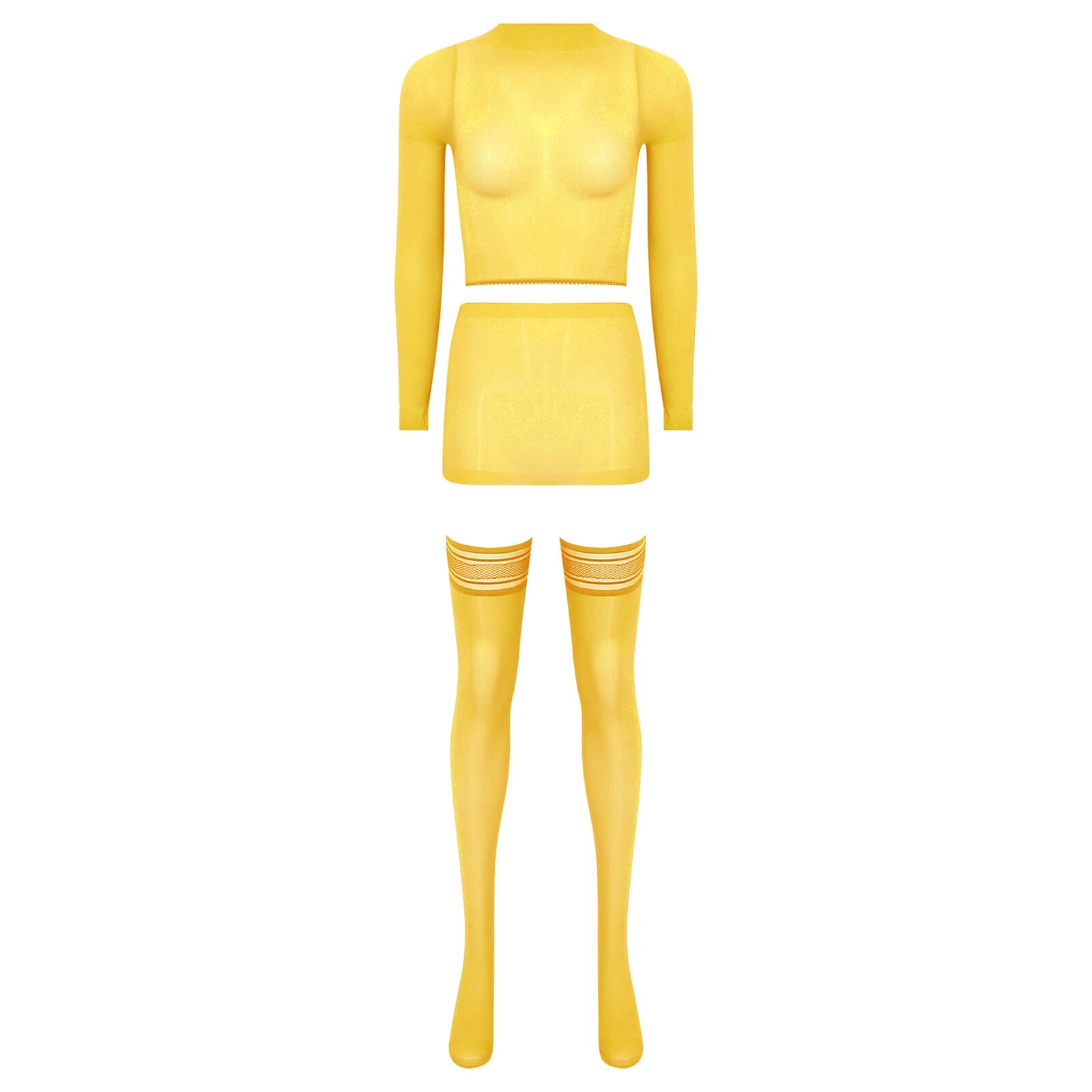 Womens Crop Top And Skirt With Stockings Round Neck Nightwear Tempting Glossy