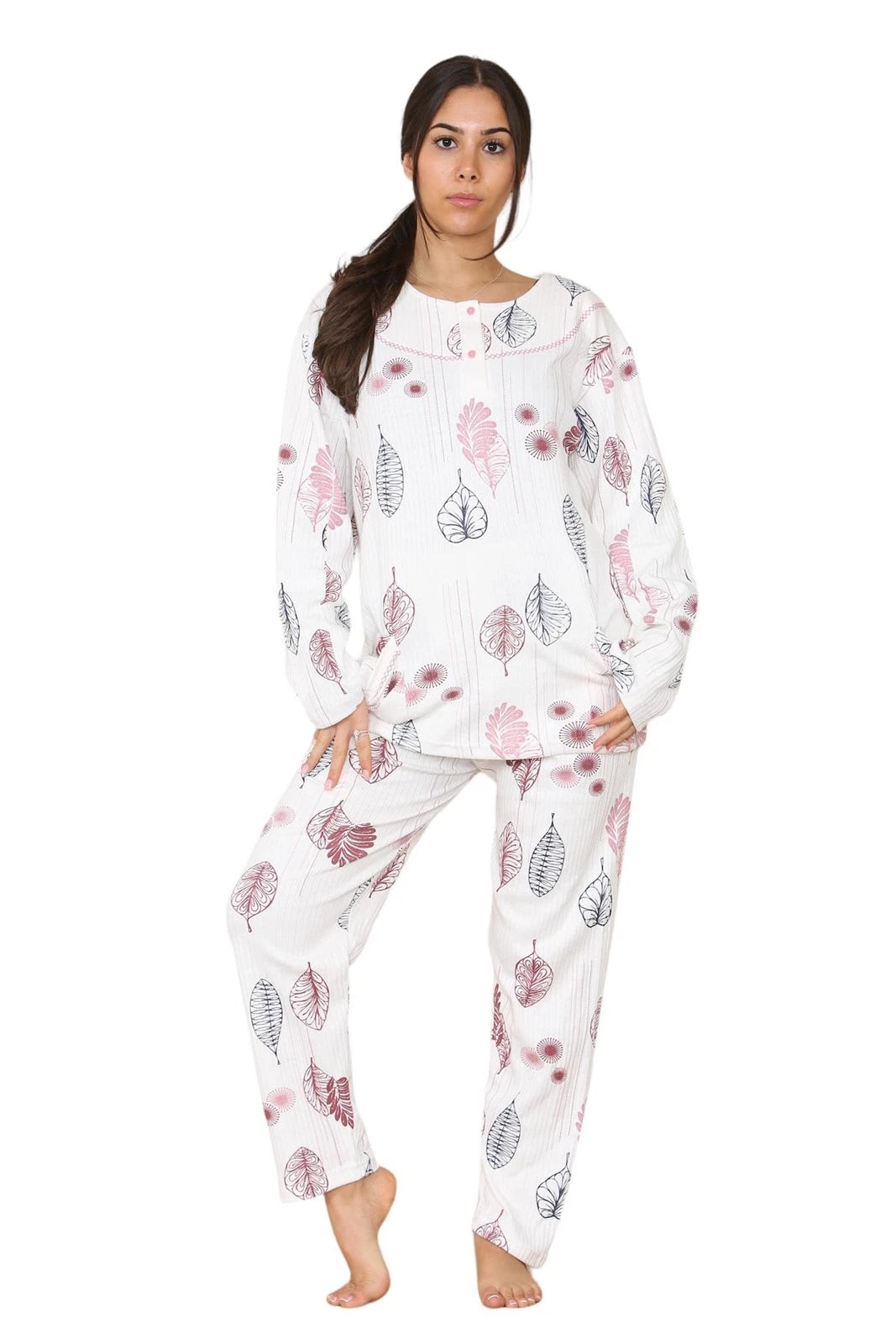 Womens Cotton Pyjamas Set Long Sleeve Leaf Print Thermal Loungewear Nightwear UK