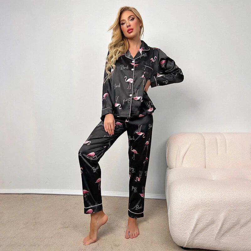 Women Silk Satin Pajamas Set Long Sleeve Button-Down Sleepwear Loungewear Charm