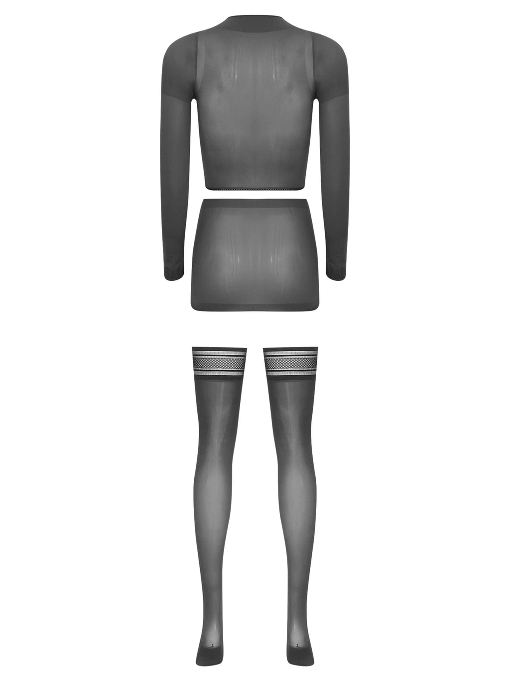 Womens Crop Top And Skirt With Stockings Round Neck Nightwear Tempting Glossy