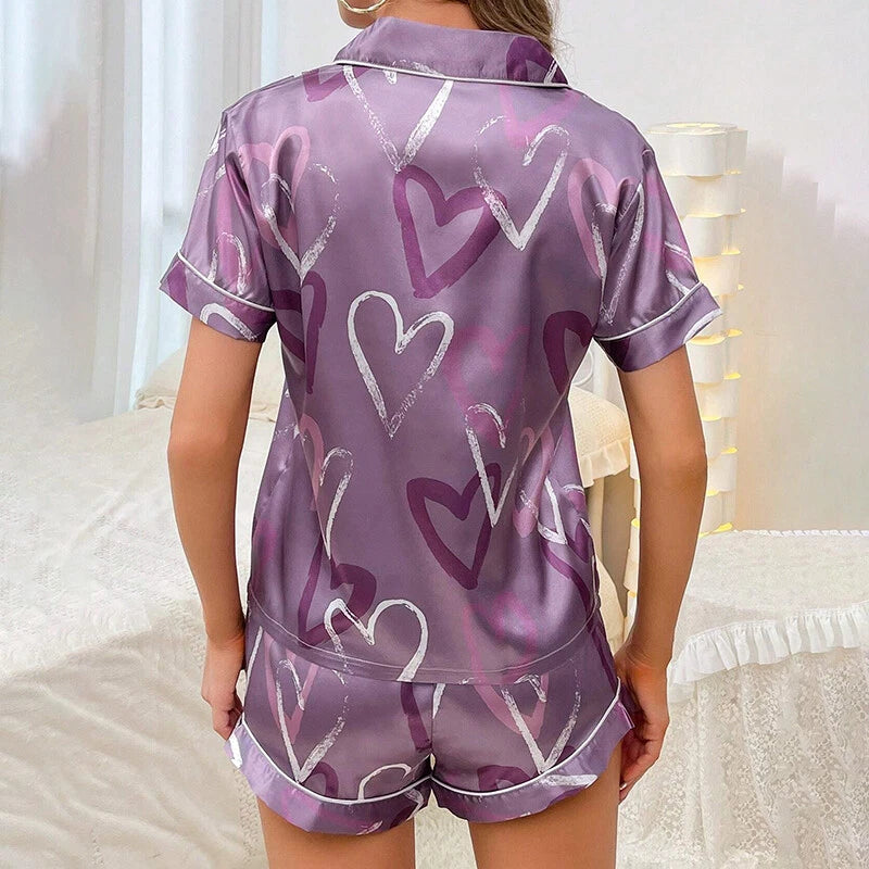 Women's Short Sleeve Silk Pajamas Set Print Satin Sleepwear Homewear Nightwear