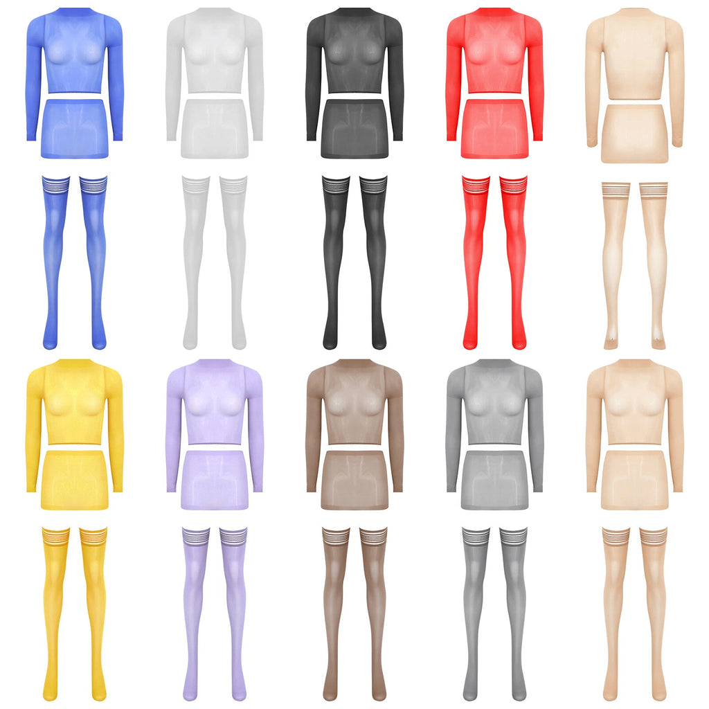 Womens Crop Top And Skirt With Stockings Round Neck Nightwear Tempting Glossy