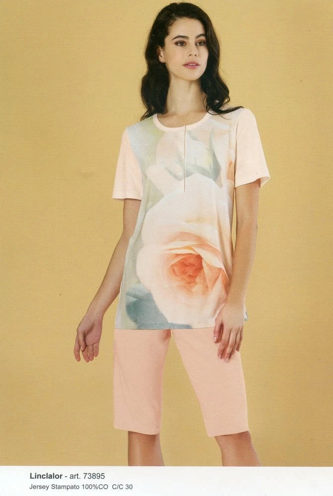 Women's Short Sleeve Serafino Pajamas With Short Pants In Cotton Linclalor 73895