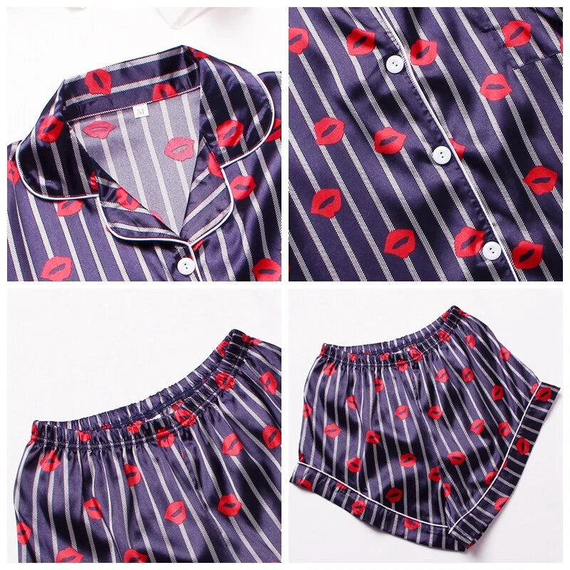 Women's Short Sleeve Silk Pajamas Set Print Satin Sleepwear Homewear Nightwear