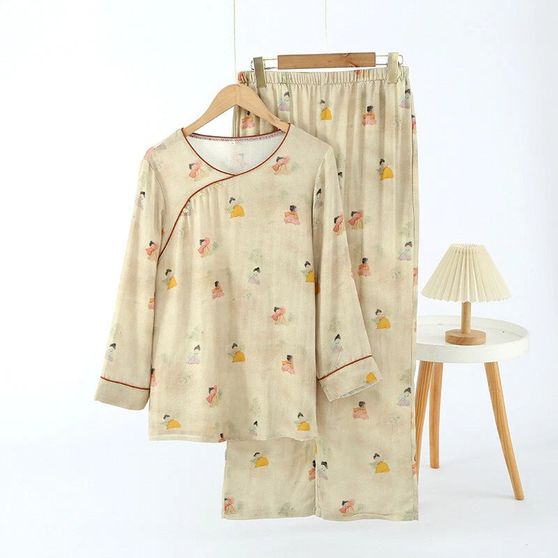 Chinese style Women's Bamboo Fiber Hanfu Summer Long Sleeved Topa & Pants Set