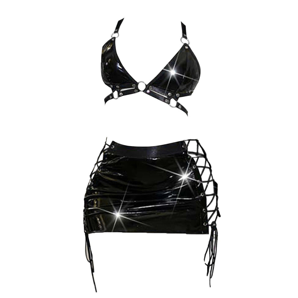 Womens Lingerie Sexy Set Role Play Mini Skirt Wet Look Sleepwear Camisole Bra