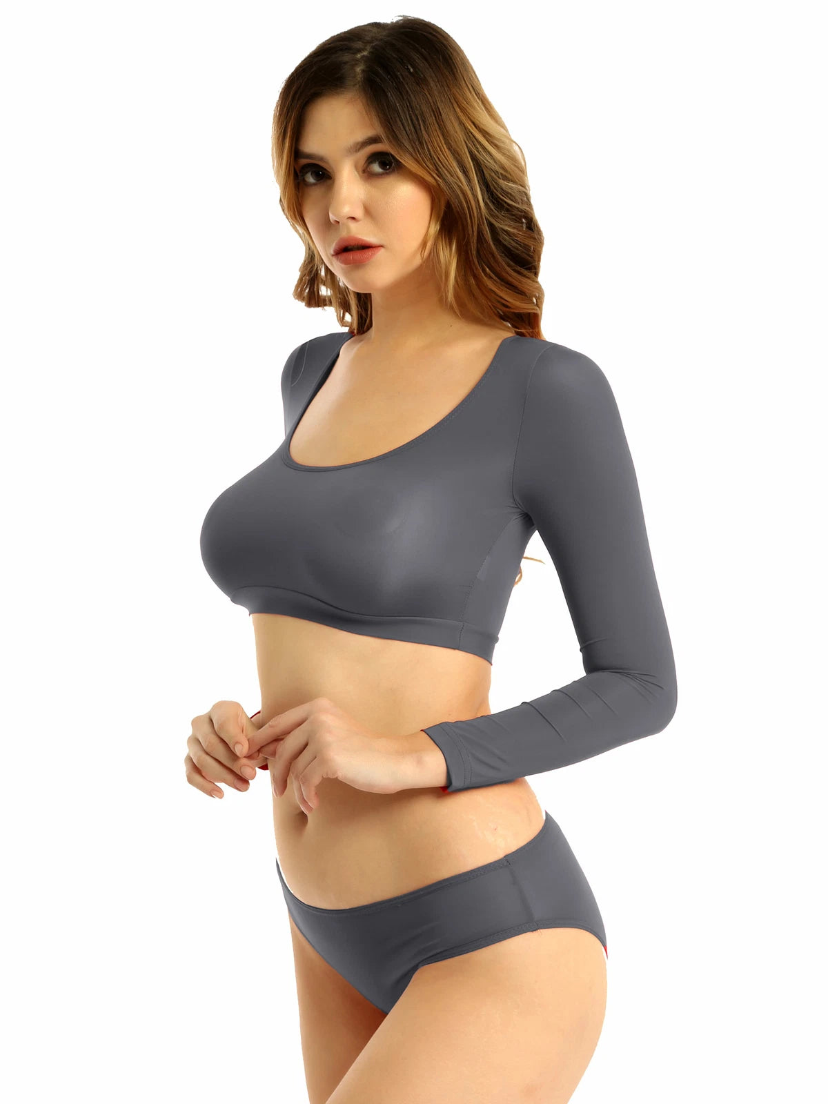 Womens Two-piece Underwear Lingerie Babydoll Long Sleeve Crop Top Brief Clubwear