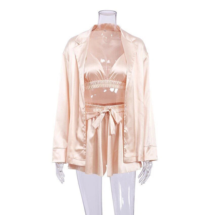 2023 Bathrobe set, women's 3-piece set, pleated robe, women's pajama set