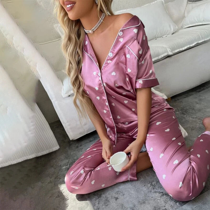 Women's Silk Satin Pajamas Set Short Sleeve Print Sleepwear Nightwear Pyjamas PJ