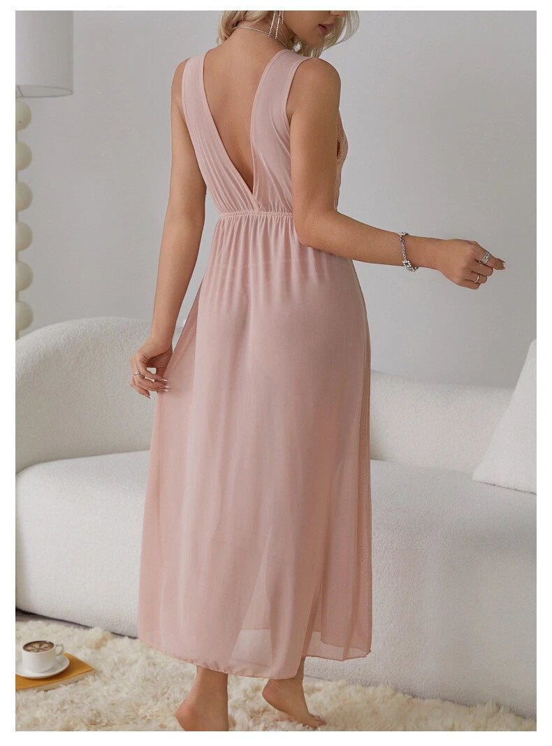Womens Mesh Sheer Dress See Through Slit Hollow Back V Neck Erotic Lingerie New
