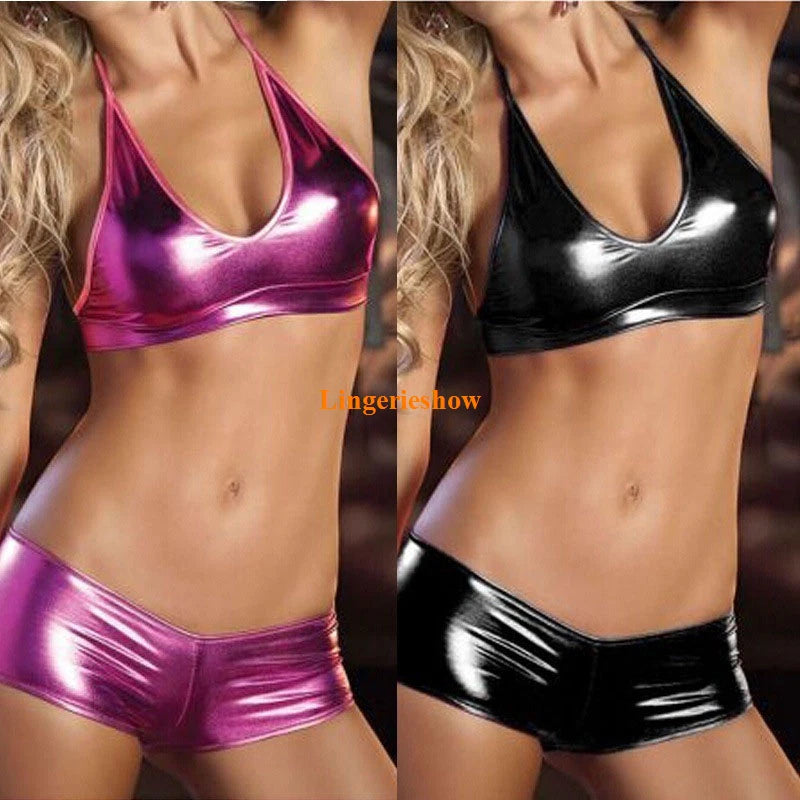Women Sexy Strap Halter Bra Panties Lingerie PVC WetLook Underwear Nightwear Set