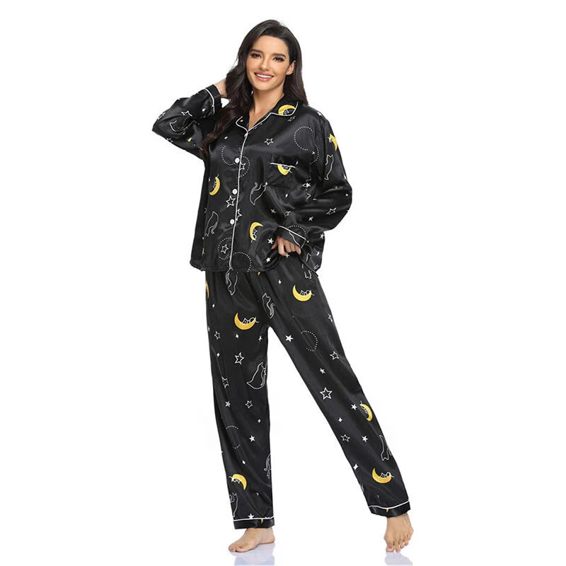 Women Silk Satin Pajamas Set Long Sleeve Button-Down Sleepwear Loungewear Charm