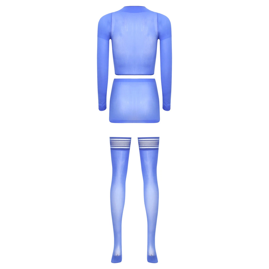 Womens Crop Top And Skirt With Stockings Round Neck Nightwear Tempting Glossy