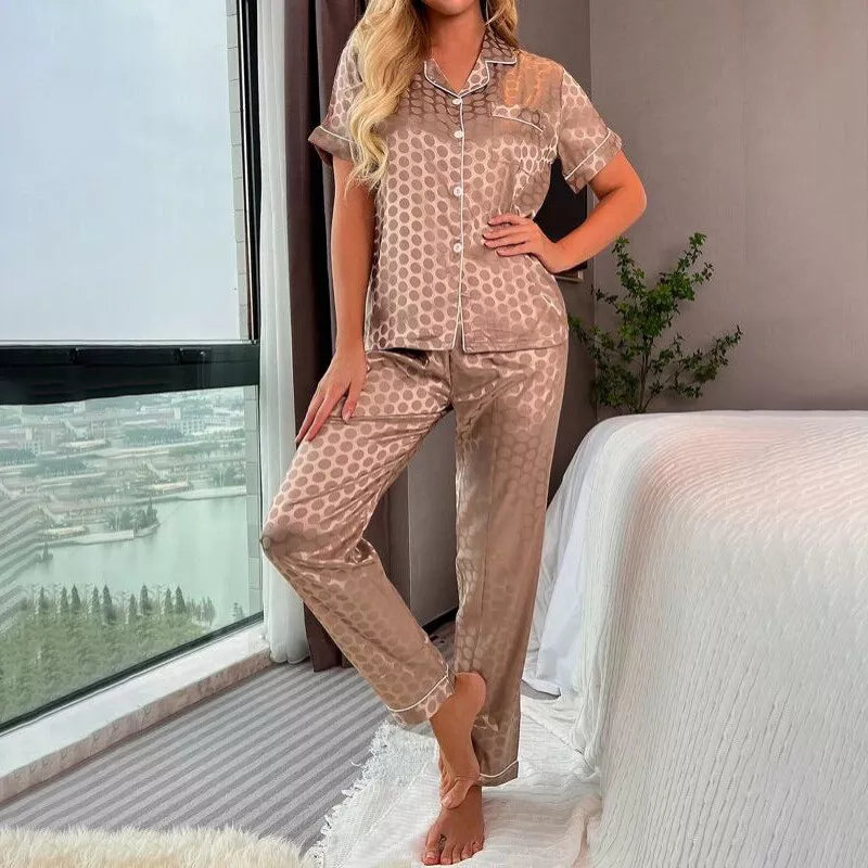 Women's Silk Satin Pajamas Set Short Sleeve Print Sleepwear Nightwear Pyjamas PJ