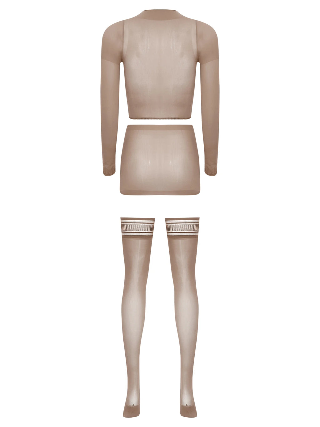 Womens Crop Top And Skirt With Stockings Round Neck Nightwear Tempting Glossy