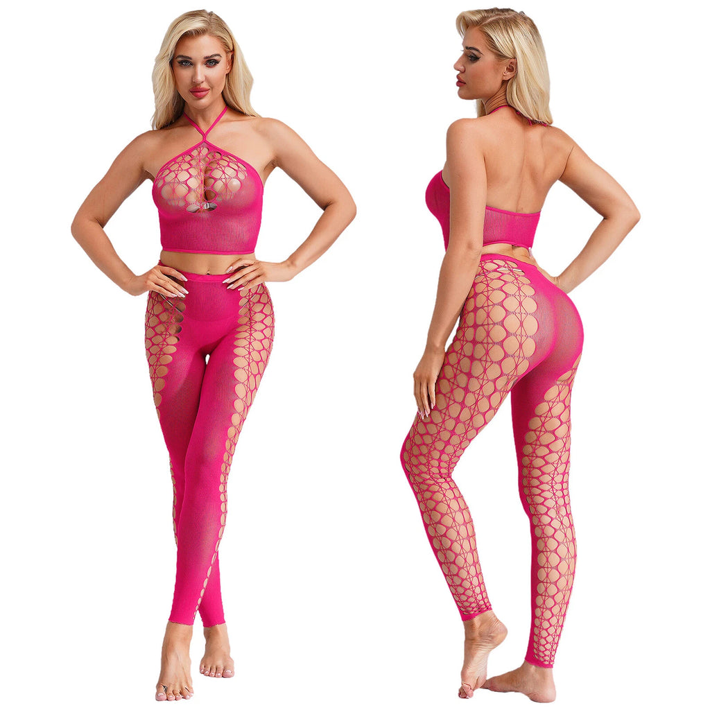 Womens Hollow Out Translucent Lingerie Set Stretchy Fishnet Solid Color Tights