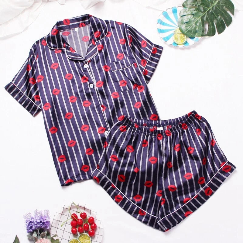 Women's Short Sleeve Silk Pajamas Set Print Satin Sleepwear Homewear Nightwear
