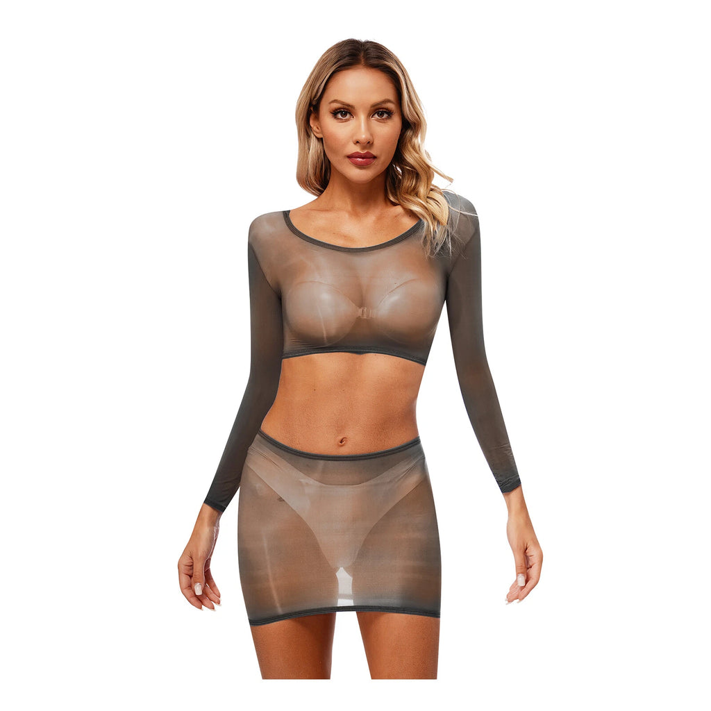 Womens Nightwear Bodycon Clubwear Nylon Outfits Perspective Crop Top Silky Mini