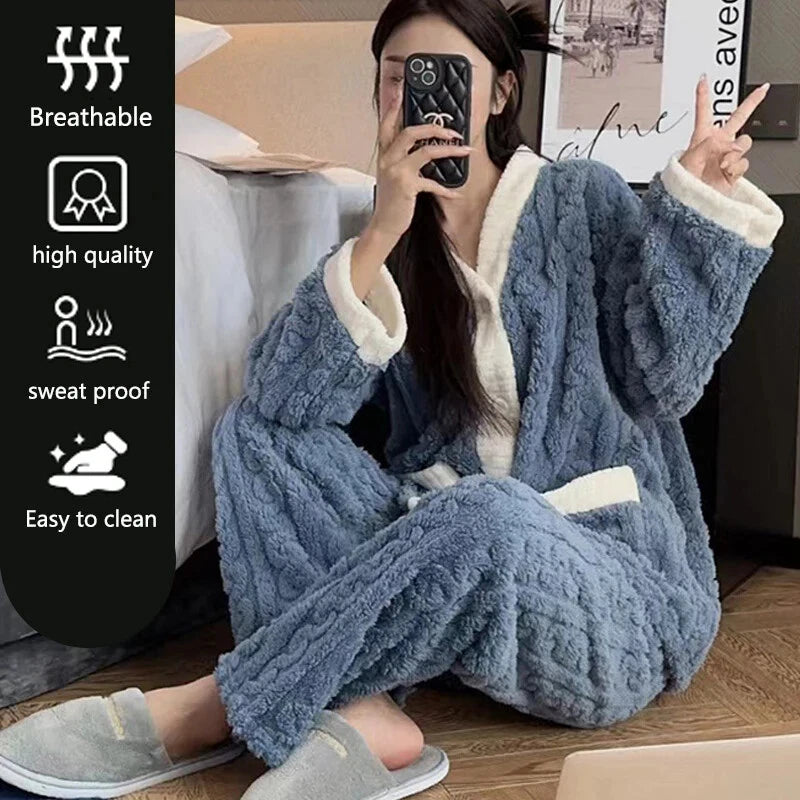 2pcs/Set Autumn and Winter Pajamas Women Thickened Padded Warm Students Girls
