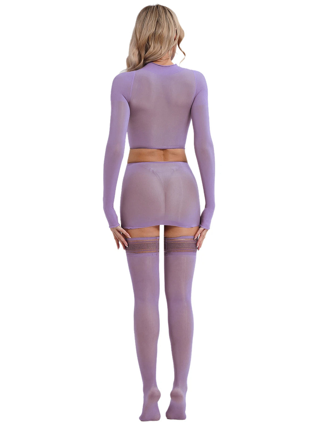 Womens Crop Top And Skirt With Stockings Round Neck Nightwear Tempting Glossy