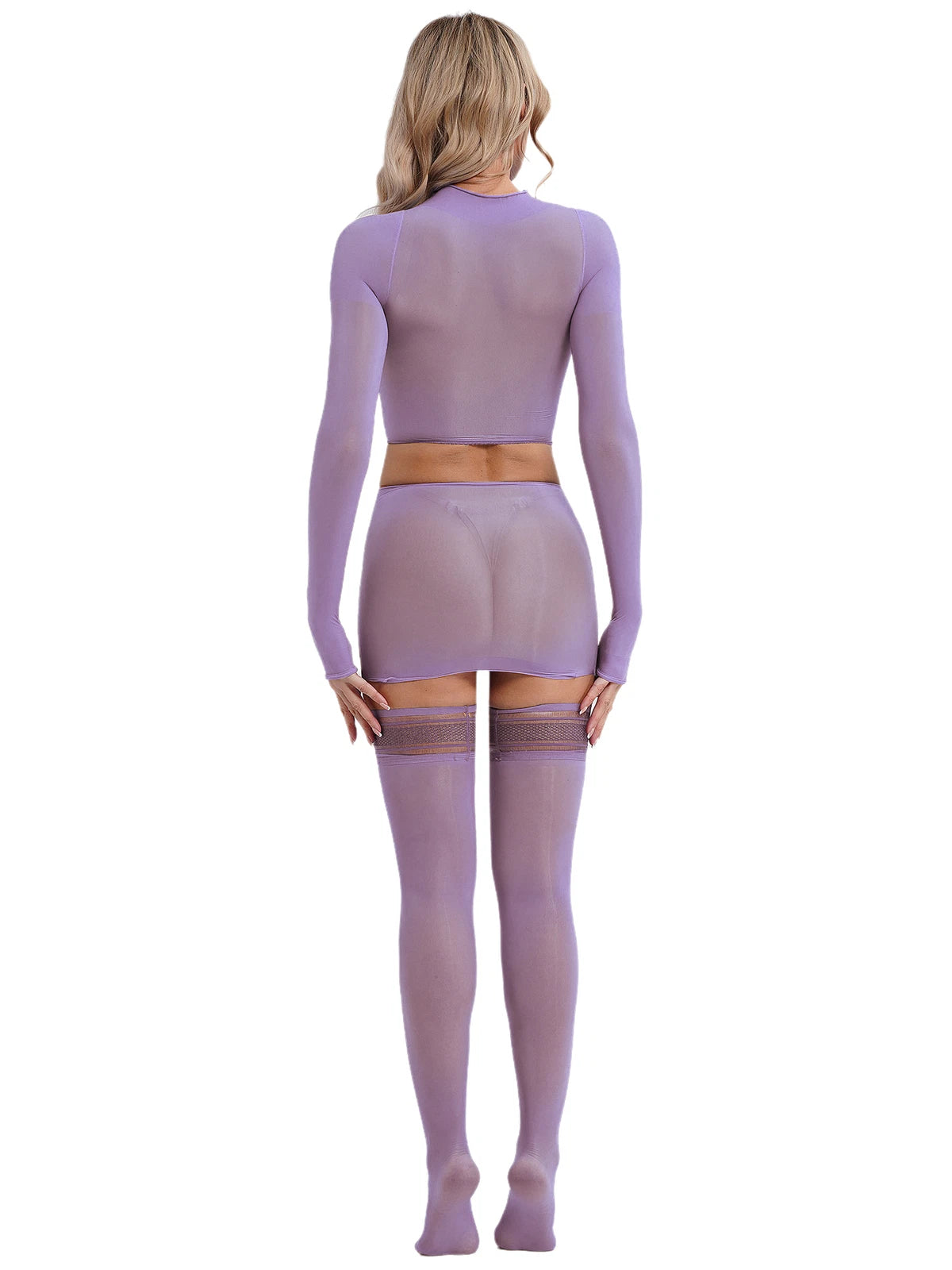 Womens Crop Top And Skirt With Stockings Round Neck Nightwear Tempting Glossy