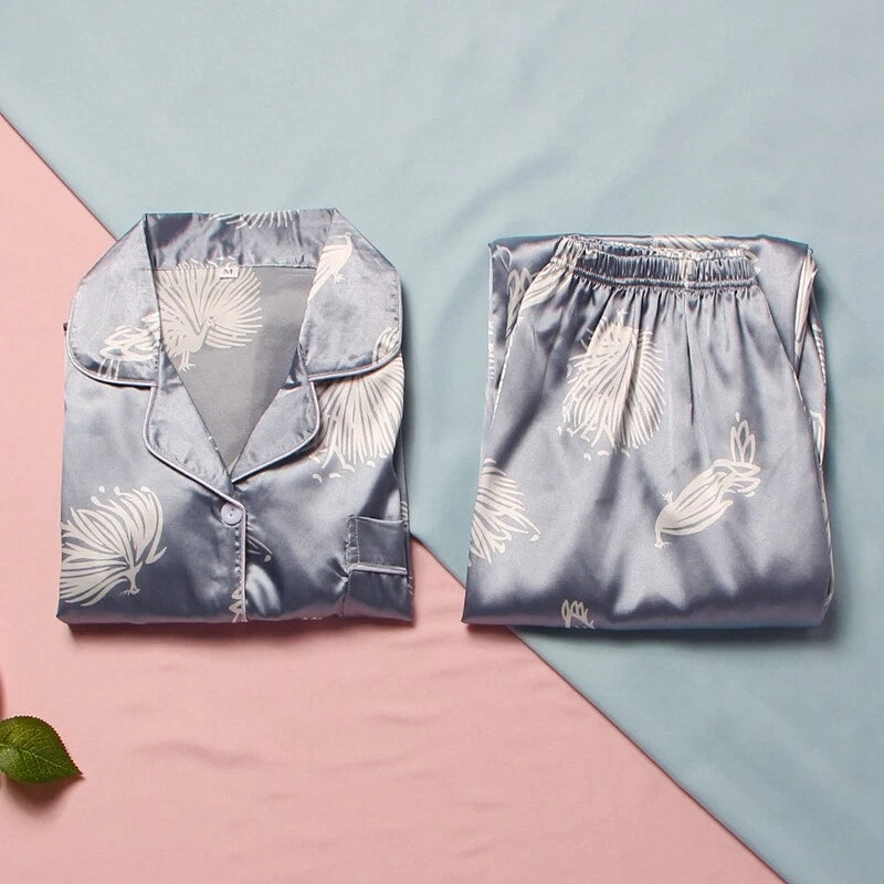 Women Silk Satin Pajamas Set Long Sleeve Button-Down Sleepwear Loungewear Charm