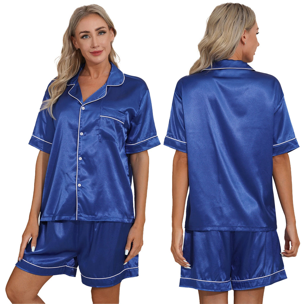 AU Womens Solid Satin Pajamas Set Tops with Shorts 2 Piece Sleepwear Loungewear