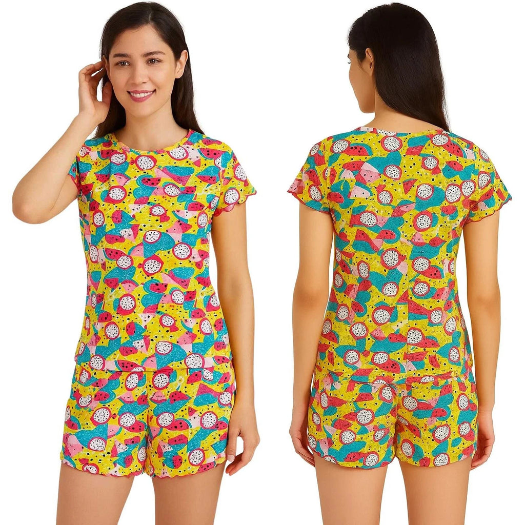 Ladies Pyjama Set PJS Short Sleeve Cotton Fruits Printed PJ Nightwear S to XL
