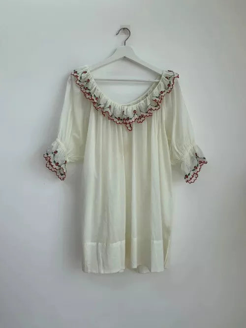 Vintage Women Sleepwear LadiesStrawberry Embroidery Lace  Semitransparent Dress
