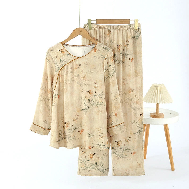 Chinese style Women's Bamboo Fiber Hanfu Summer Long Sleeved Topa & Pants Set