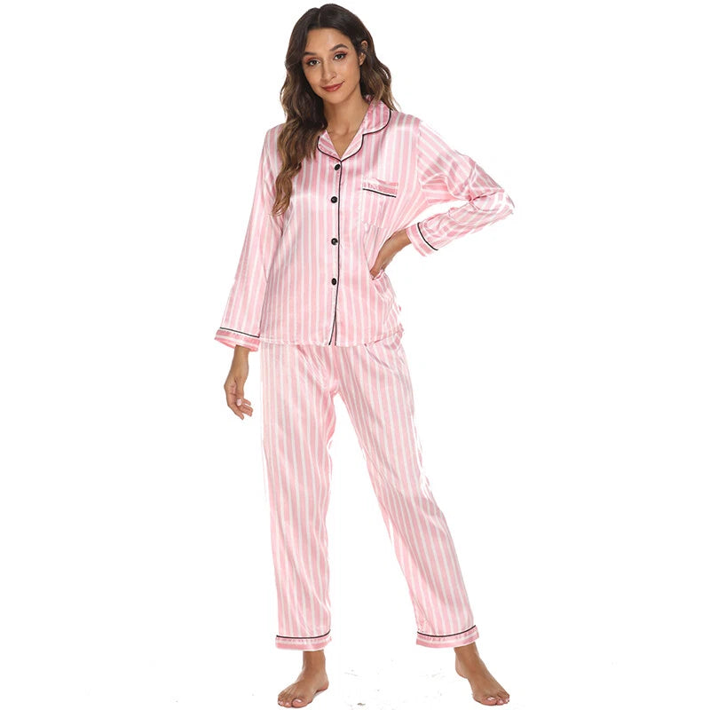 Women Silk Satin Pajamas Set Long Sleeve Button-Down Sleepwear Loungewear Charm