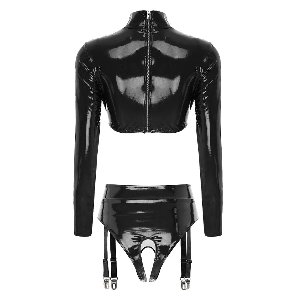 Womens Bar Set Lingerie Romper Underwear Crop Top Sleepwear Patent Leather 2pcs