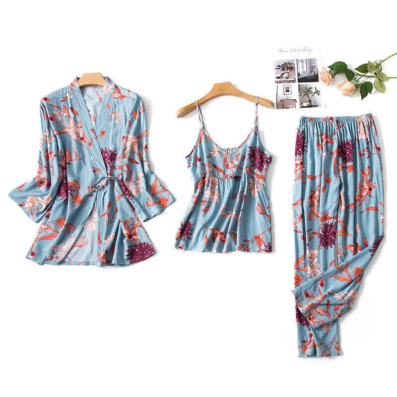 3PC Women Night Dress Silk-Cotton Pajama Sleepwear Long Robes Nightwear Gown Set