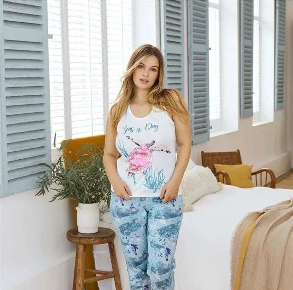 Womens Pyjamas Set PJS 100% Cotton Sleeveless Ladies Nightwear Set PJ Sleepwear