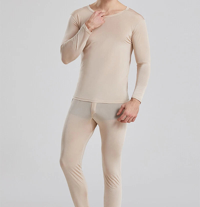 Men 100% Mulberry Silk Thermal Underwear Pajama Set Long Johns Base Layer Sets