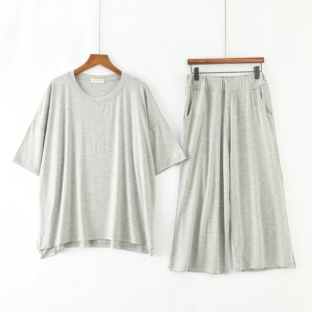 Plus Size XL 150KG Women Modal Pajamas Sets Short Sleeve Top + Calf-Length Pants