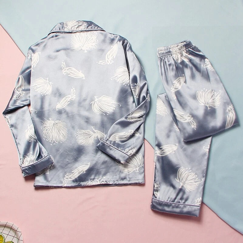 Women Silk Satin Pajamas Set Long Sleeve Button-Down Sleepwear Loungewear Charm