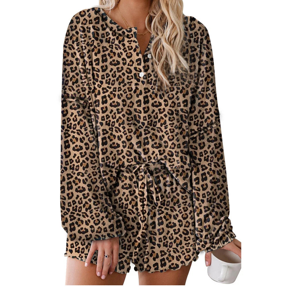 Women Summer Printed Pyjamas Set Short Sleeve Top+Short Pants Sleepwear Homewear